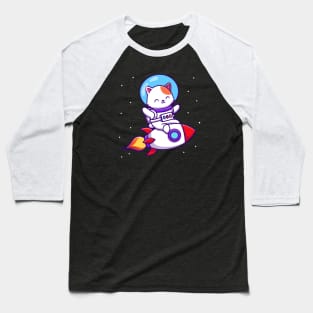 Cute Astronaut Cat Riding Rocket Cartoon Baseball T-Shirt